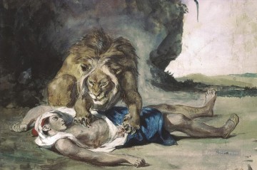 ウジェーヌ・ドラクロワ Painting - 死体を引き裂くライオン ウジェーヌ・ドラクロワ